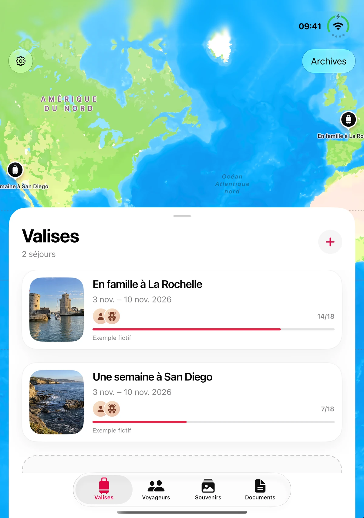 Deux voyages en préparation dans Valise sur iPhone Duo ouvert.