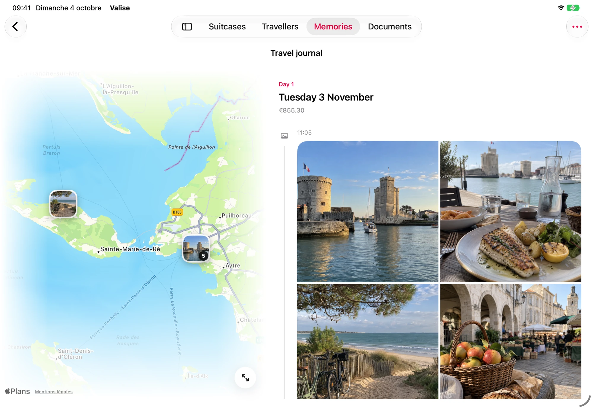 The La Rochelle travel journal on iPad, with the map and photos.