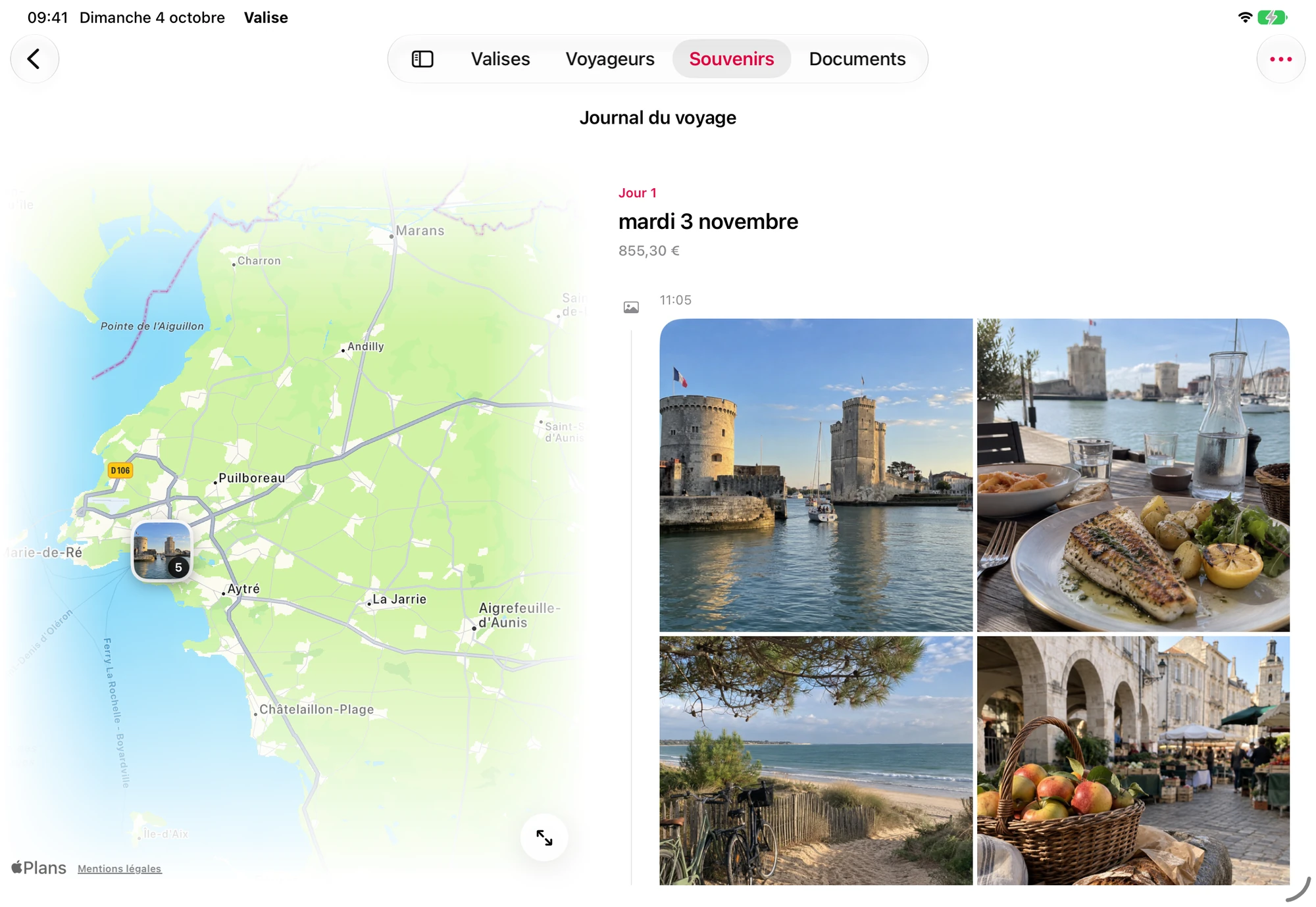Le journal du voyage à La Rochelle sur iPad, avec la carte et les photos.