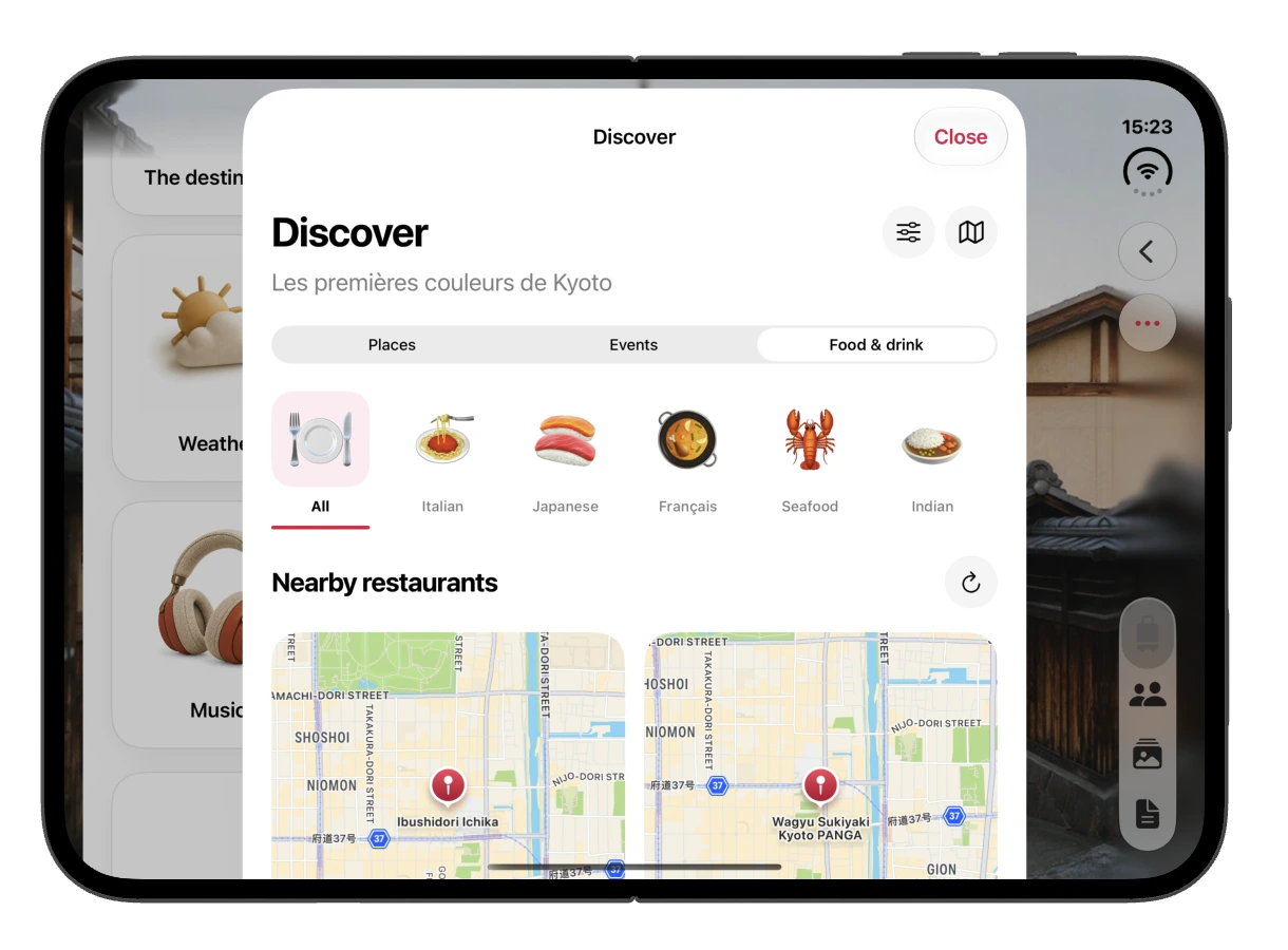 Nearby Kyoto restaurants in the Discover section.