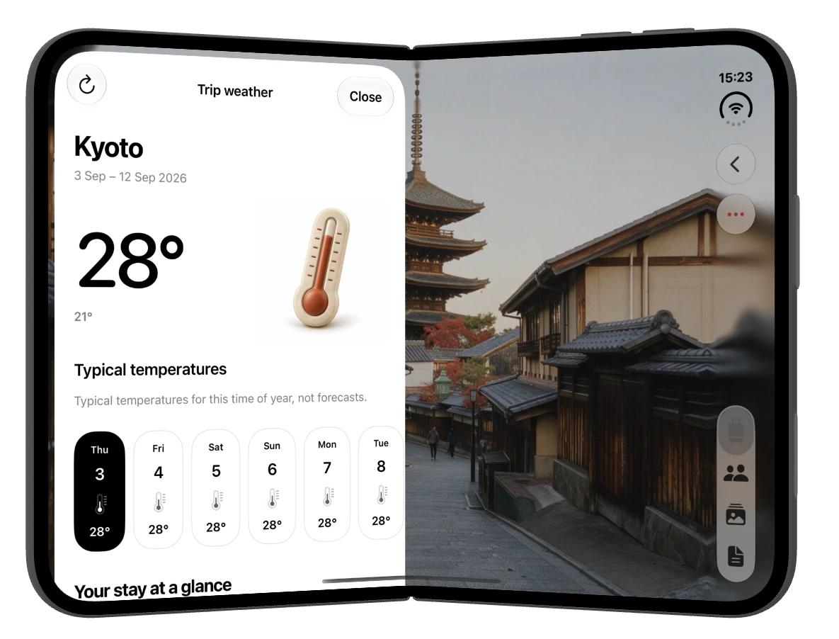 Kyoto weather in a panel on a partially open Duo.