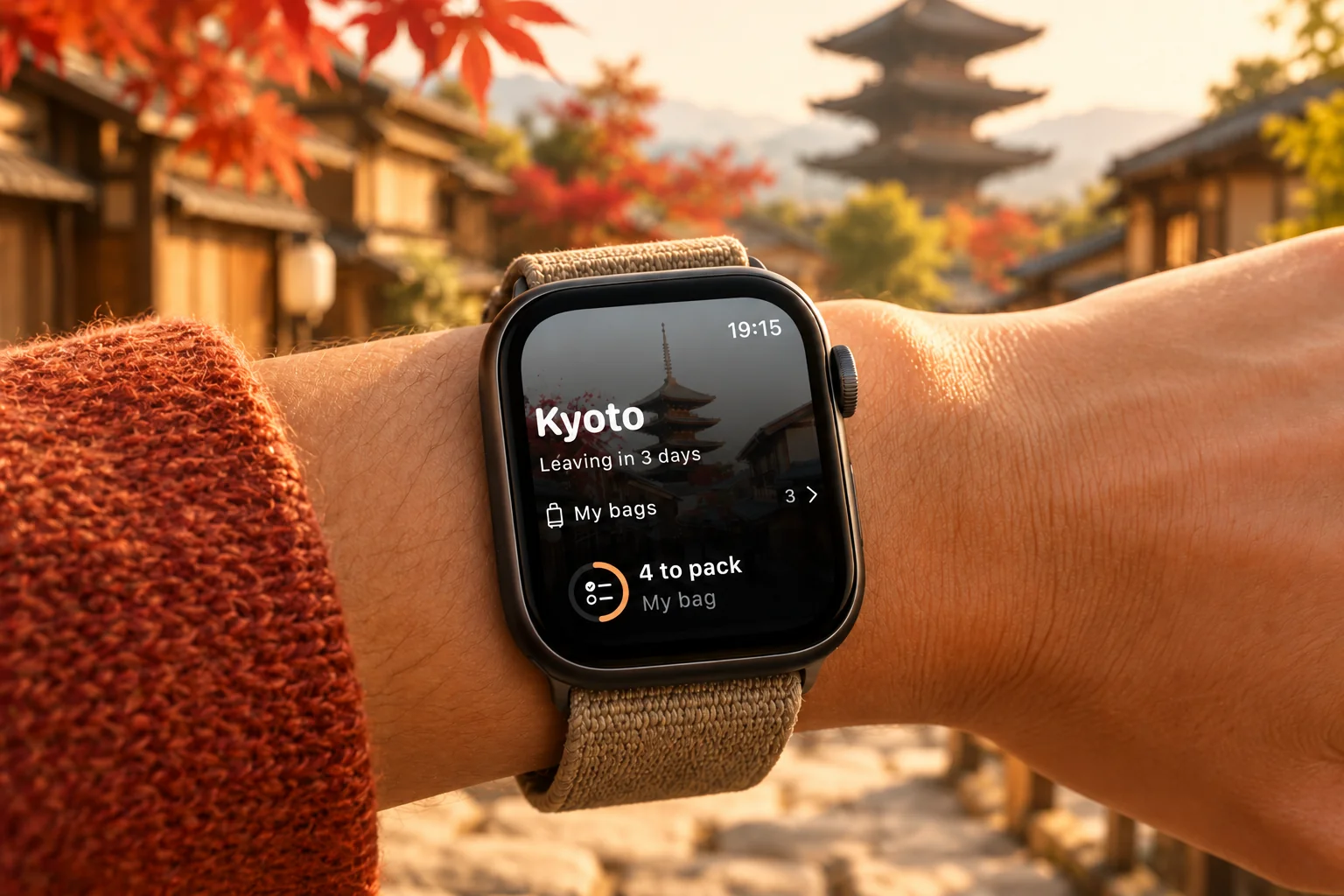 The Kyoto trip overview on Apple Watch, in a Kyoto street.