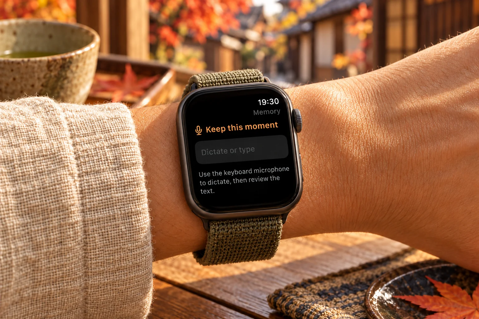 Adding a memory on Apple Watch during a quiet break in Kyoto.